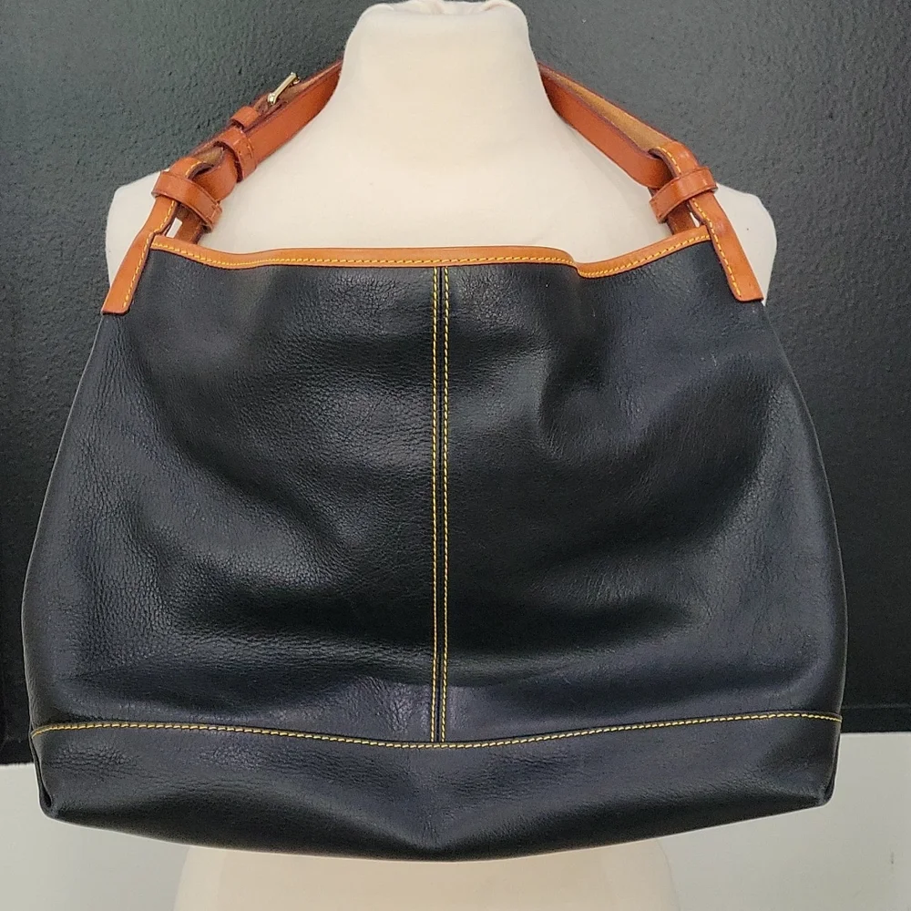 Euc Dooney & Burke Leather Tote Shoulder Bag Tortoise Duck Emblem Black Brown - Picture 3 of 10